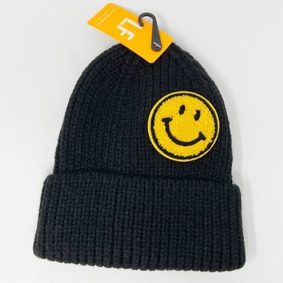 Smiley Face Knit Stocking Cap Hat Black - Picture 1 of 5